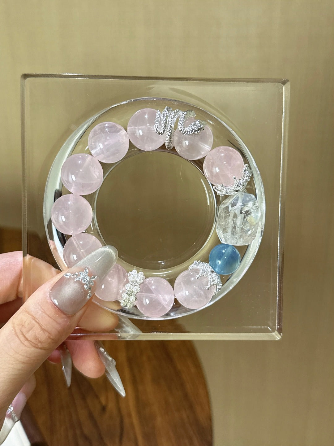 ▫️▪️ Pink crystal white crystal aquamarine bracelet